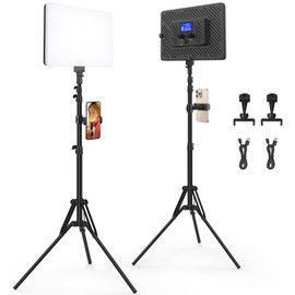 2 Pack Led Video Light Panel Lighting Kit with Tripod Stand, Kmasic 20W Photography Lighting Built-in 8000mAh & LCD Display, Studio Lights for Video Recording/Content Creation/Game Live Streaming Film