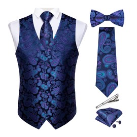 DiBanGu Men's Blue Purple Paisley Vest and Necktie Set 6PCS Pre-tied Bow Tie Silk Formal Waistcoat for Wedding Party, Blue, L