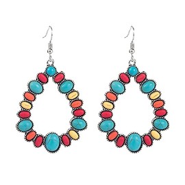 Bohemian Turquoise Geometric C Shape Drop Dangle Earrings Ethnic Hoop Colorful for Women Statement Western Cowgirl Tribal Boho Jewelry-Rainbow Teardrop