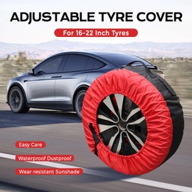 2Pcs Car Spare Tire Cover, Universal Wheel Tire Cover, Waterproof Dustproof Oxford Wheel Protector with Storage Bag with Reinforcement Stickers, Adjustable Car Spare Tire Protector- Red (16-22 Inch)
