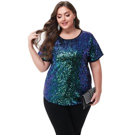 Anna-Kaci Women's Sequin Tops Plus Size Round Neck Sparkle Glitter Short Sleeve Party Tunic Blouse, Mermaid, 3X-Large