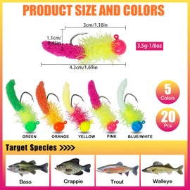 Crappie Jigs Fishing Lures Kit Feather Jigs Chenille Tail Hand-Tied Marabou Jigs 1/8oz 20pcs 5 Colors Fishing Hair Jigs Fly Fishing Lure for Panfish Sunfish Walleye