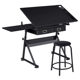Yaheetech Drafting Table for Artists, Height Adjustable Drawing Desk Art/Craft Desk Diamond Paintings Work Station w/ 2 Storage Drawers and Stool for Home Office School, Black