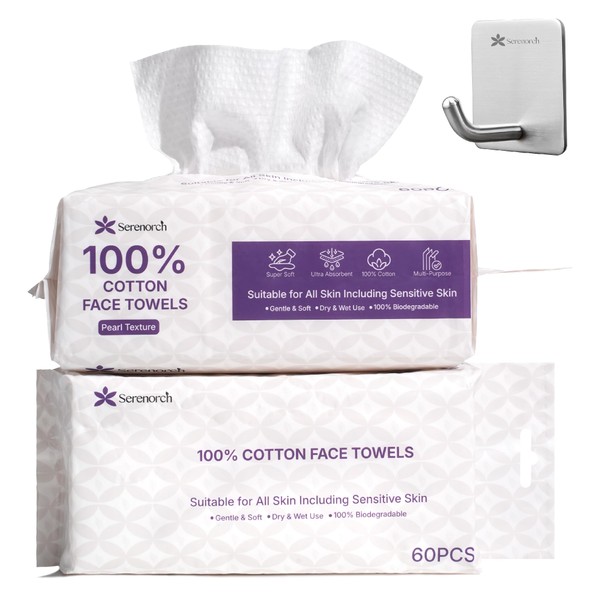 Serenorch 100% Cotton Disposable Face Towels, Soft Cotton Tissue for