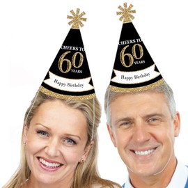 Big Dot of Happiness Adult 60th Birthday - Gold - Cone Birthday Party Hats for Adults - Set of 8 (Standard Size)