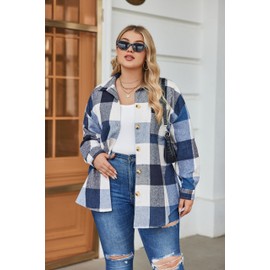 IN'VOLAND Women's Plus Size Plaid Shacket Long Sleeve Button Down Flannel Shirts Casual Jacket Coats Dark Blue
