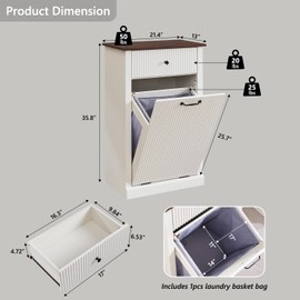 IFBUY Modern Tilt-Out Laundry Hamper Cabinet, 10 Gallon Fluted Trash Can Cabinet with Drawer, Wooden Hidden Garbage Can Cabinets with Laundry Basket, Free Standing for Bathroom and Kitchen, White