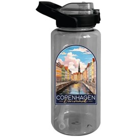 Copenhagen Denmark Design B Souvenir 64 oz Large Water Bottle with Screw-on Top and Straw Single