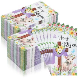 Janlaugh 100 Pcs Easter Paper Napkins Religious He Is Risen Napkins Bulk Disposable Easter Bathroom Napkin for Guest Bilk Lamb Flowers Cross Paper Hand Towels for Home Kitchen Party Supply