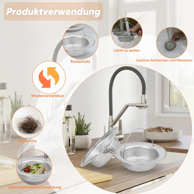 Pack of 2 Sink Strainer Stainless Steel Sink Clogging Protection