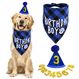 Amaxiu Dog Birthday Party Set, Boy Dog Birthday Bandana Hat with 8 Bling Number Pet Happy Birthday Supplies Glitter Hat Plaid Bandana for Small Medium Large Dogs (Blue)