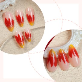24pcs French Tip Press on Nails Medium Almond Fake Nails with Glitter Designs Flame False Nails Kit Gold Red Acrylic Nails Stick on Nails Full Cover Glue on Nails for Women Nail Decoration