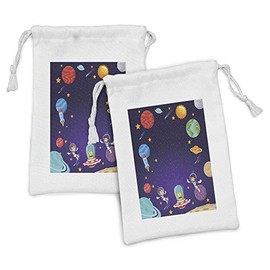 Ambesonne Alien Fabric Pouch Set of 2, Outer Space Themed Cartoon Astronaut Traveling Galaxies Stars Rocket Spaceship, Small Drawstring Bag for Toiletries Masks and Favors, 9" x 6", Indigo Multicolor