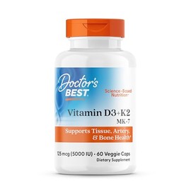 Doctor's Best Vitamin D3 + K2 (Vitamin K2 as MK-7), Supports Bone, Tissue, & Arterial Health, Calcium Absorption • Non-GMO • Gluten Free • Vegetarian, 5000 IU, 60 Veggie Caps