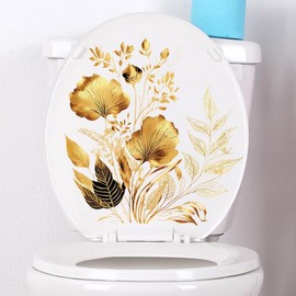 Gole Leaf Flowers Toilet Cover Sticker Decals,Butterfly Daisy Flower Leaf Waterproof Toilet Lid Tank Seat Decals Cistern Self-Adhesive Bathroom Wall Sticker