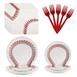 96 PCS Baseball Party Tableware Supplies, Disposable Baseball Round Paper Plates, Napkins and forks, Sports Theme Dinnerware Set for Graduation Anniversary Birthday Decorations, Serves 24 Guests