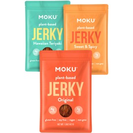 Moku Plant-Based Mushroom Jerky, Hawaiian Teriyaki, Sweet and Spicy, Original (3 Pack) Vegan Jerky, Gluten Free, Soy-Free, Non-Gmo Healthy Snacks, Vegan Meat No Artificial Sweetener Vegan Food, 2.0 Oz Ea - Variety Pack