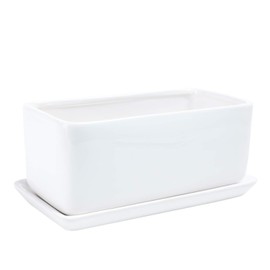 Liry Products 10 inch Rectangular White Ceramic Planter Pot Succulent Cactus Herb Flower Container Window Box Saucer Removable Drip Tray Base Drain Holes Home Office Indoor Outdoor Garden Desktop