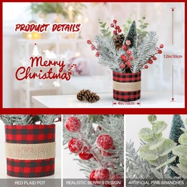 MEIVINES 12Inch Small Buffalo Check Plaid Christmas Tree Mini Tabletop Christmas Tree Decorations Artificial Potted Christmas Tree with Red Berry Pinecone Pine Tree for Home Party Christmas Decor
