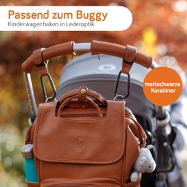 Baby Uma Leather-look pram hooks for bags (2 pieces) – universal carabiner hook, large, carabiner for pram, pram trailer, bag holder, pram accessories (brown)