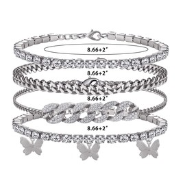 yfstyle 3PCS Cuban Link Ankle Bracelet Butterfly Rhinestone Anklet Set Women Summer Beach-3 cuban silver