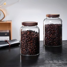 Homaisson Glass Storage Containers with Lids and Spoon, 2000 ml Extra Large Glass Storage Jars, Elegant Acacia Wood Lid, Includes Stainless Steel Spoon, Ideal for Dry Goods and Spices