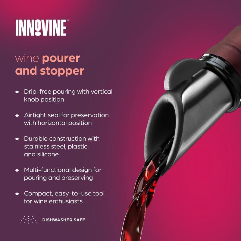Innovine Wine Pourer and Stopper, Drip-Free Stainless Steel and Silicone