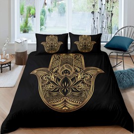 Bohemian Duvet Cover Set Single for Kids 3D Printed Indian Ethnic Buddha Bedding Set Golden Black Buddhist Hand Lotus Flower Comforter Cover with 1 Pillow Shams Zipper Closure Soft Boys