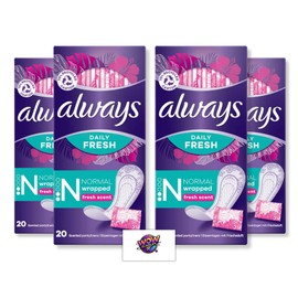 Stay Fresh All Day: Daily Fresh Singles - Normal - Wrapped Pantyliners Bundle - Scented, Comfort & Protection - 80 Wrapped Panty Liners Total (4 Packs x 20) - Alway