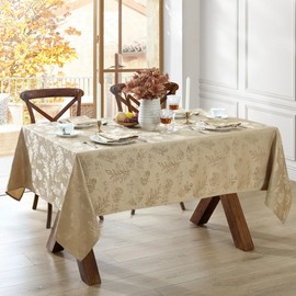 Elrene Home Fashions Elegant Woven Leaves Jacquard Damask Wrinkle Resistant Tablecloth, 60" x 144", Oblong, Taupe