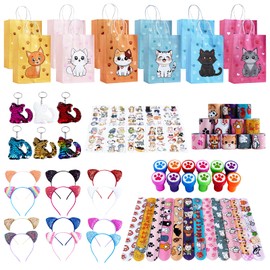 Bafeil 72 Pieces Cat Party Bags Children's Birthday Pinata Birthday Girl with Gift Bags Cat Ears Headband and Key Ring Stamp Snap Bracelet DIY Sticker Give Aways Children's Birthday Party