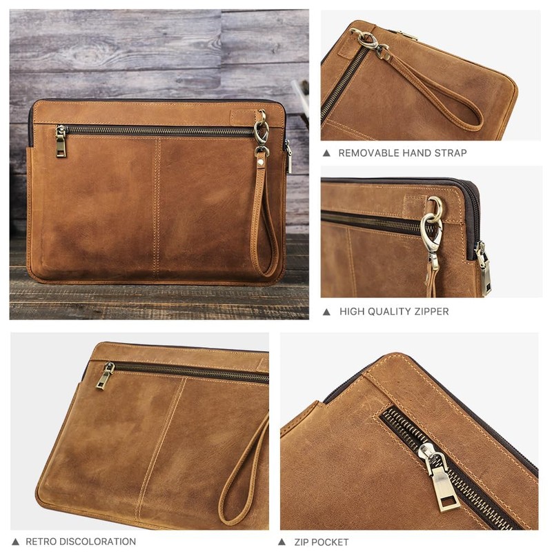 CONTACT'S FAMILY Leather Laptop Sleeve Compatible with 14.2inch MacBook Brown