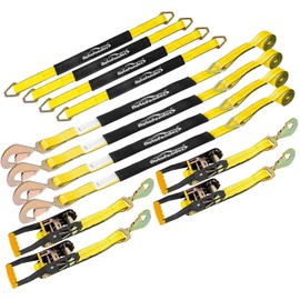 Autofonder Heavy Duty Adjustable Car Tie Down Kit with Snap Hooks -Break Strength 10,000 lbs-Working Load 3333 lbs-Bonus Includes 4 Pack 36" Axle Straps with D-Ring(Yellow)