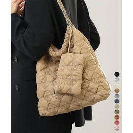 Miniministore Women's Quilted Chain Bag Tote Bag with Pouch, Large Capacity, Quilted Bag with Mini Pouch, Casual Clean, Shoulder Bag, Elegant School or Work Bag, Korean Style, light pink