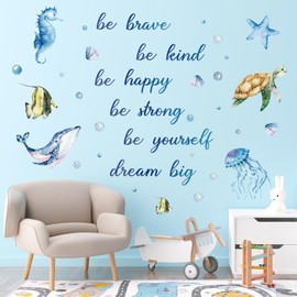 JarThenaAMCS 4 Sheet Ocean Wall Decals Under The Sea Fish Inspirational Quotes Wall Stickers Waterproof Marine Animal Wall Decor for Kids Baby Nursery Bedroom Bathroom Summer Party Supplies