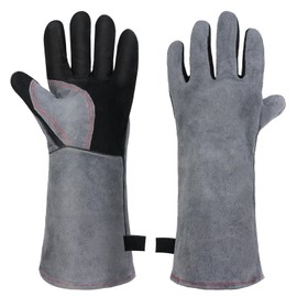 AUAUY Heat Resistant Leather Barbecue Gloves, Welding Gloves with Kevlar Stitching, Fireproof Heat Resistant Mitts for Welding, Fire Brigade, Fireplace, Oven, Baking, Cooker Pot Holder, Animal