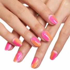 GLAMERMAID Press on Nails Short Oval, Spring Summer Hot Pink and Orange Onbre Gel Glue on Nails, 24Pcs Glossy Round Reusable UV Finish Fake Nails Acrylic False Nails Manicure Kits for Women