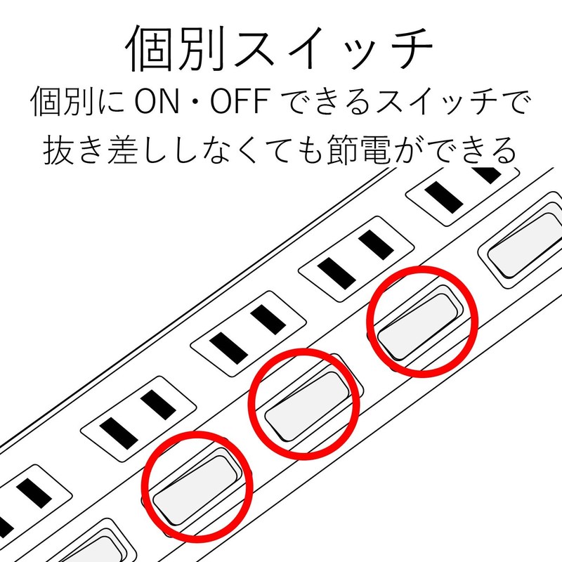 Elecom T-K6A-2450WH Power Strip, Thunder Guard, Individual Switch, Dust Shutter