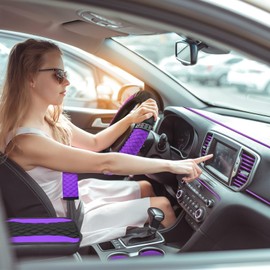 BBTO 43 Pcs Bling Car Accessories Set for Women Front Seats and Rear Bench Polyester Car Seat Protectors Wheel Cover Seat Floor Mats Full Crystal Automotive Interior Decor(Purple and Black)