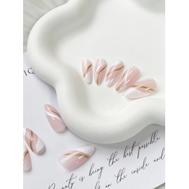 Press on Nails Medium Almond French Fake Nails Full Cover False Nails with Swirl and Gold Foil Designs Glossy False Nails with Nail Glue Artificial Acylic Nails for Women Girls 24 Pcs