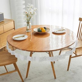 PVC Lace Table Cloth, Clear Waterproof Plastic Table Cover with White Lace Edge, Vinyl Table Protector, Anti-Scratch Transparent Tablecloth for Dining Kitchen Home Party (Circular-150)