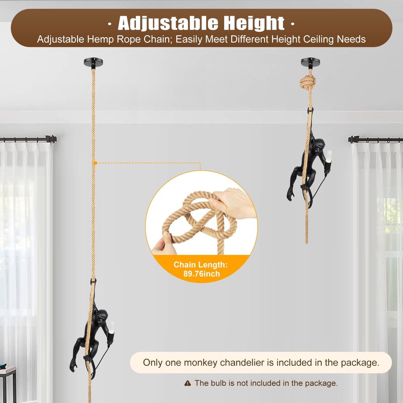 Resin Monkey Wall Light,Adjustable Height Resin Hemp Rope Pendant Lights