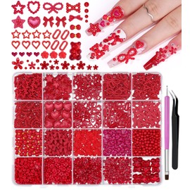 3D Assorted Chunky Nail Charms and Gems Kit, Pearls Bows Heart Star Cute 3D Flowers Rose Bear Macaron Round Beads Embellishments for Nail Art, Craft with Tweezer and Pickup Brush (5-20 Grids-Red)