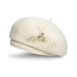 Dahlia Women's Winter Hat - Wool Blend, Hand Beaded, Elegant Beret, White