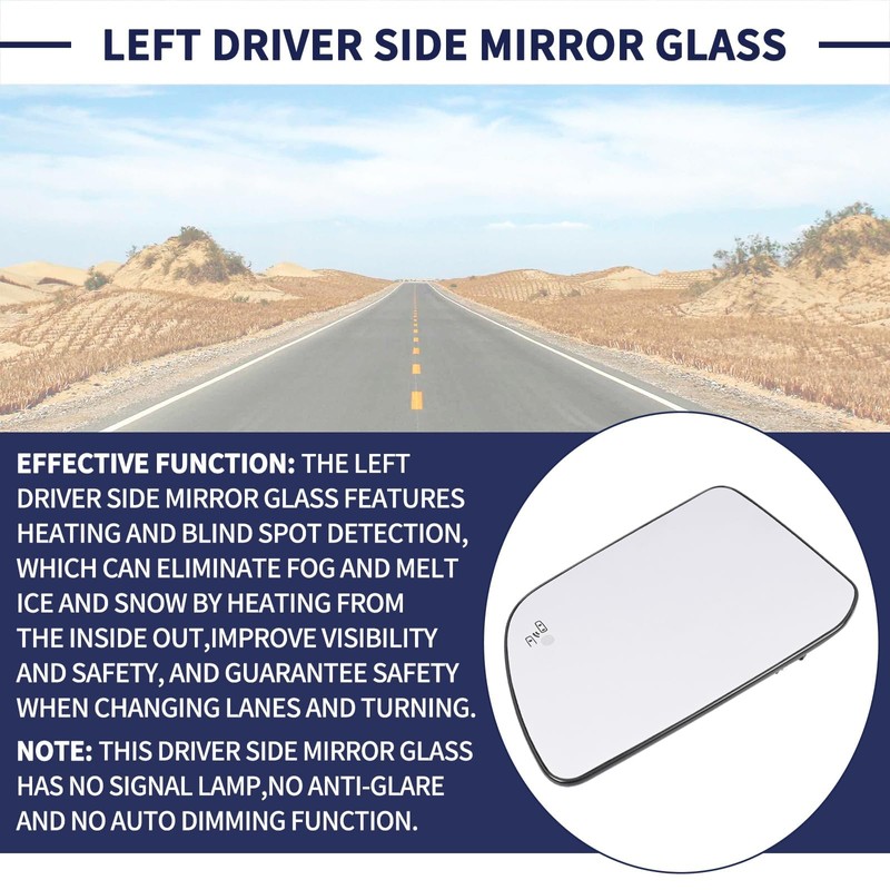 Left Driver Side Mirror Glass w/Power Heated & Blind Spot