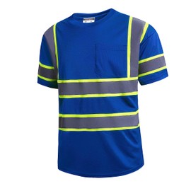 SKSAFETY High Visibility Safety Shirts for Men with Reflective Tapes - Quick Dry Class 2 Hi Vis Construction Work Shirts for Men, Short Sleeve Breathable Birdeyes T-Shirts with Pocket Blue