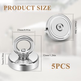 Teokantz 5 pieces diameter 32 mm magnet with eyelet, magnetic hooks, extra strong, 36 kg/79 lbs, neodymium magnets, extra strong, magnetic hook strong large