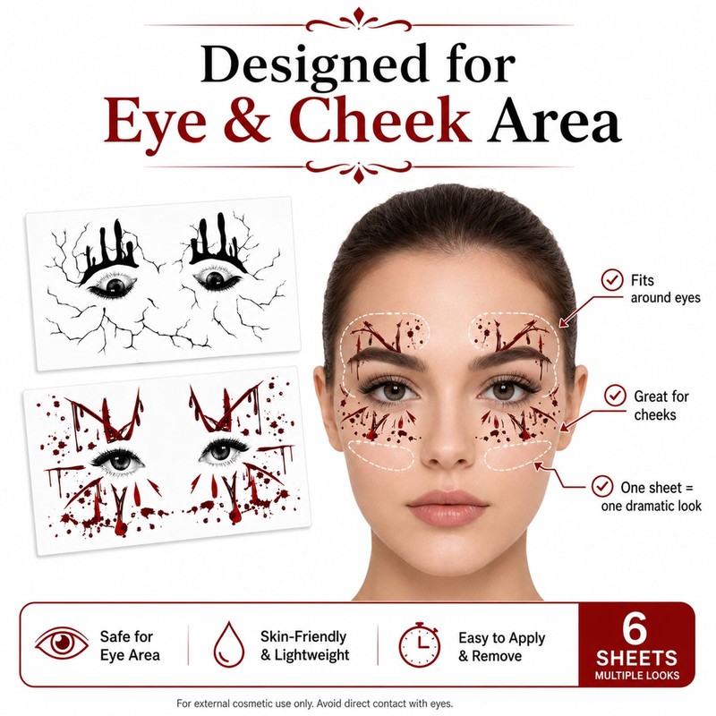 Halloween Freckle Temporary Tattoo Stickers 6 Sheets Scary Bloody Drip