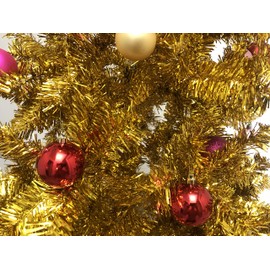 Wellwood 6 ft Tinsel Christmas Tree with 24ct Assorted Ornament Set, Metal Stand, Easy Assembly - Gold