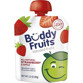 Buddy Fruits Pure Blended Fruit To Go Apple and Strawberry Applesauce | 100% Real Fruit | No Sugar, Non GMO, Vegan, Gluten Free, No Preservatives, BPA Free , Certified Kosher | 3.2oz Pouch 18 Pack
